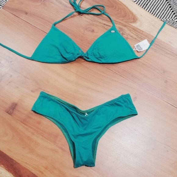 O’Neill Saltwater Teal Triangle Bikini + Ruched Cheeky Bikini Bottom Set - Picture 1 of 10